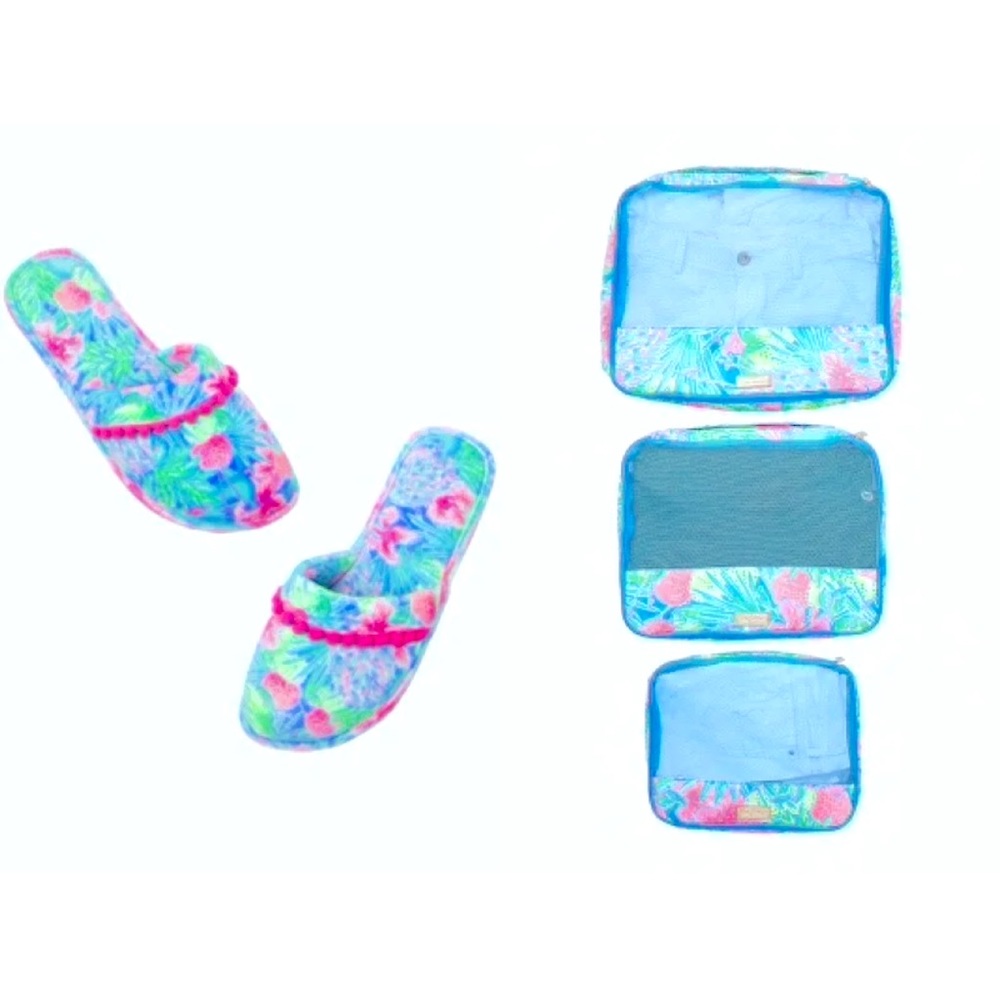 NWT NIP LILLY PULITZER 3 PIECE SEA ISLAND PACKING CUBE SET & CLARA SLIPPERS 7/8